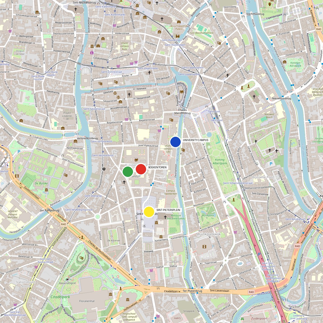 Map of central Ghent showing Funkey, Boekentoren, University Campus and Sint-Pietersplein